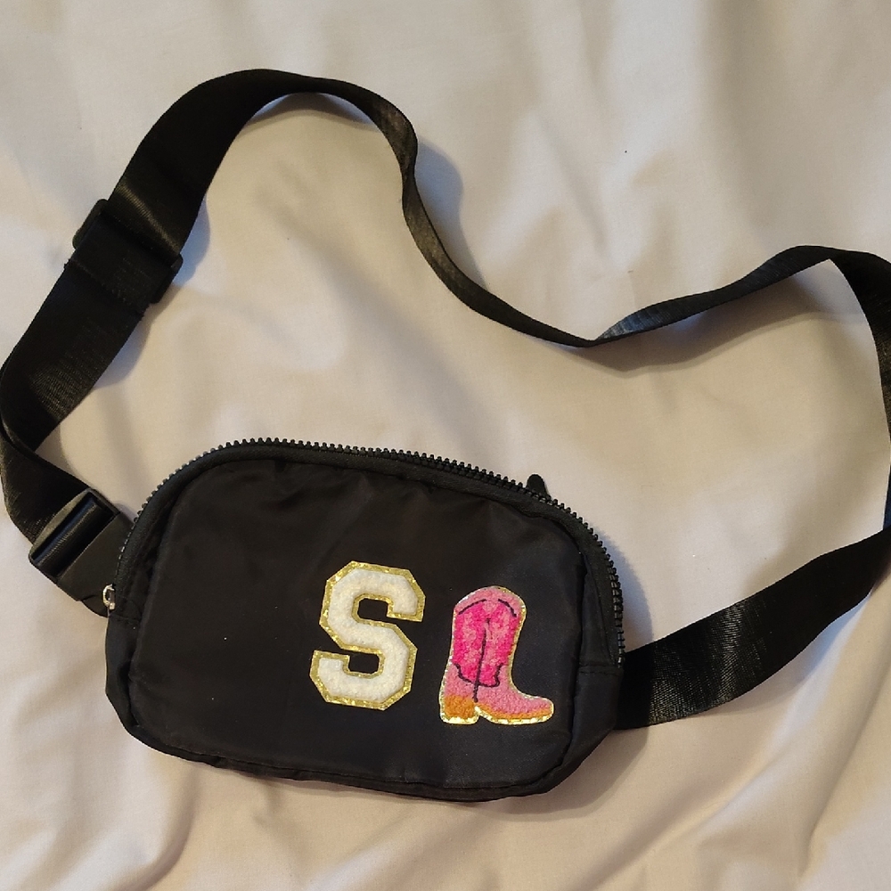 Black and Pink Crossbody Bag with Decorative Patches